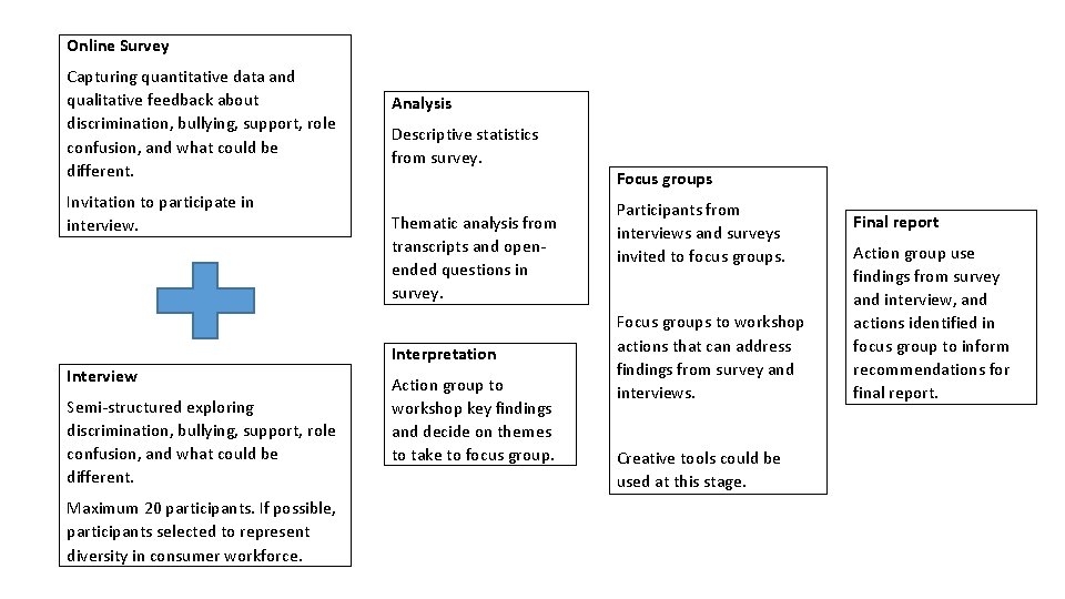 Online Survey Capturing quantitative data and qualitative feedback about discrimination, bullying, support, role confusion,