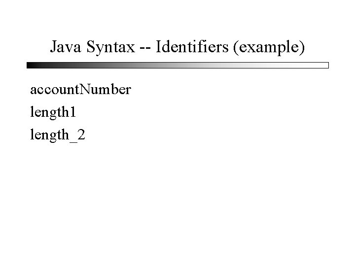 Java Syntax -- Identifiers (example) account. Number length 1 length_2 