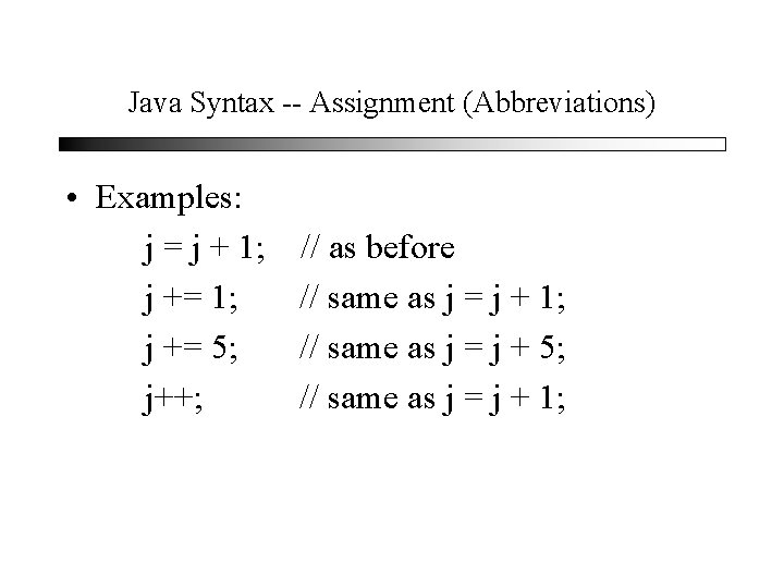 Java Syntax -- Assignment (Abbreviations) • Examples: j = j + 1; j +=