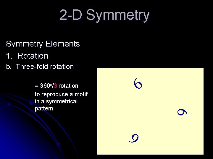 2 -D Symmetry Elements 1. Rotation b. Three-fold rotation 6 6 6 = 360 2 -D Symmetry Elements 1. Rotation b. Three-fold rotation 6 6 6 = 360