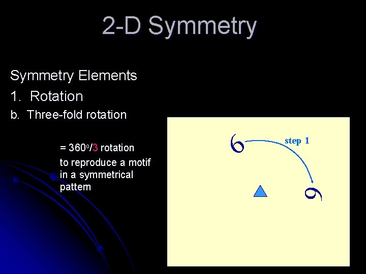 2 -D Symmetry Elements 1. Rotation b. Three-fold rotation 360 o/3 6 6 =
