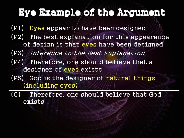 Eye Example of the Argument (P 1) Eyes appear to have been designed (P