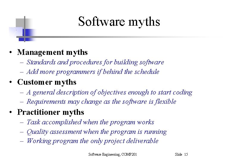 Software myths • Management myths – Standards and procedures for building software – Add Software myths • Management myths – Standards and procedures for building software – Add