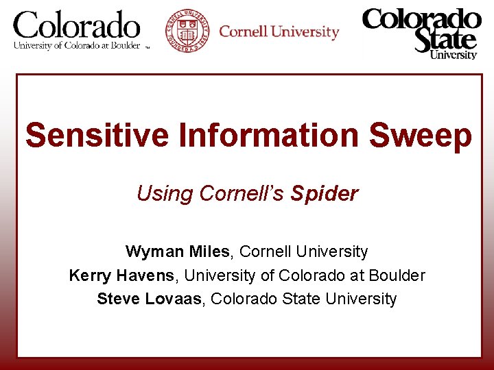 Sensitive Information Sweep Using Cornell’s Spider Wyman Miles, Cornell University Kerry Havens, University of Sensitive Information Sweep Using Cornell’s Spider Wyman Miles, Cornell University Kerry Havens, University of