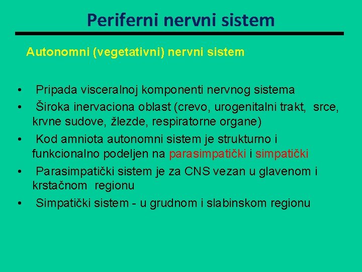 Periferni nervni sistem Autonomni (vegetativni) nervni sistem • • Pripada visceralnoj komponenti nervnog sistema