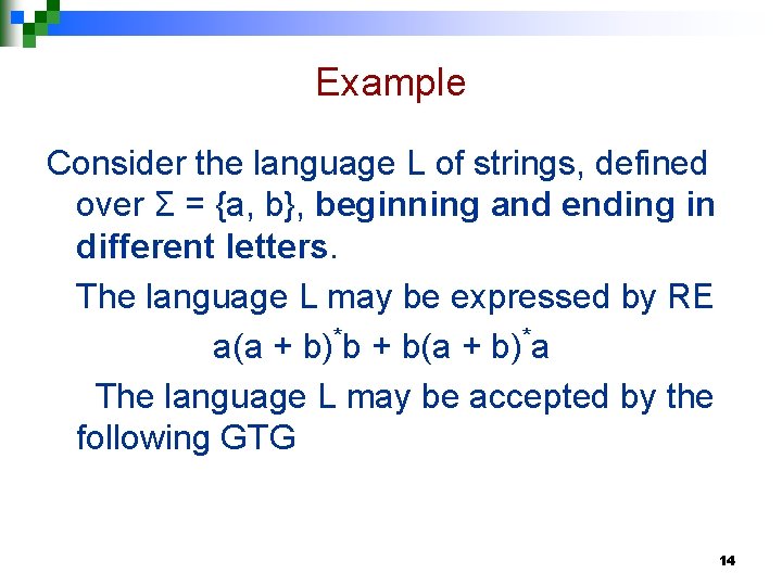 Example Consider the language L of strings, defined over Σ = {a, b}, beginning