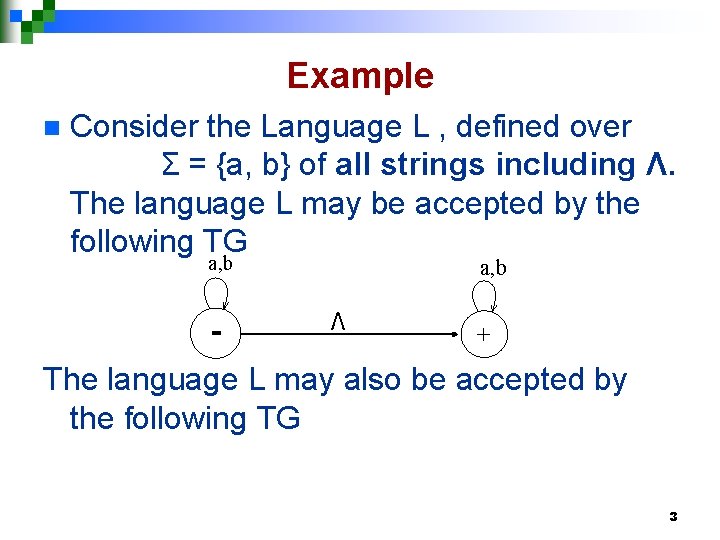 Example n Consider the Language L , defined over Σ = {a, b} of