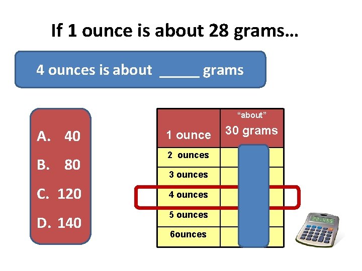 If 1 ounce is about 28 grams… 4 ounces is about _____ grams “about” If 1 ounce is about 28 grams… 4 ounces is about _____ grams “about”