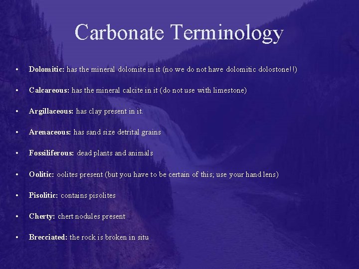 Carbonate Terminology • Dolomitic: has the mineral dolomite in it (no we do not