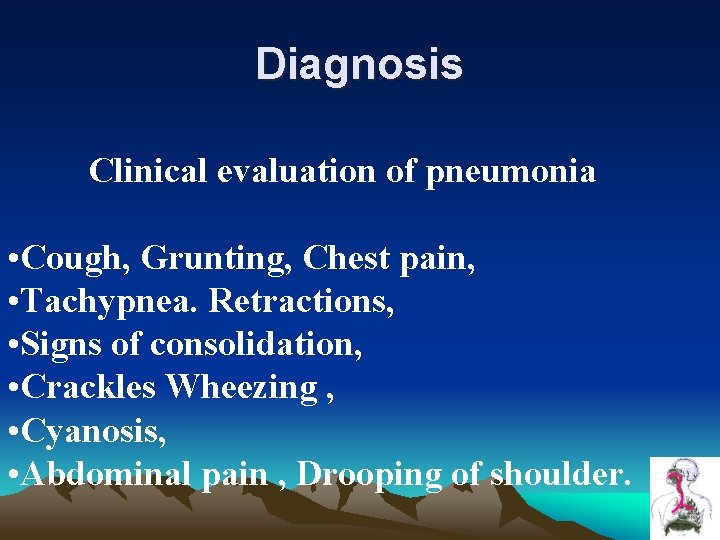Diagnosis Clinical evaluation of pneumonia • Cough, Grunting, Chest pain, • Tachypnea. Retractions, • Diagnosis Clinical evaluation of pneumonia • Cough, Grunting, Chest pain, • Tachypnea. Retractions, •