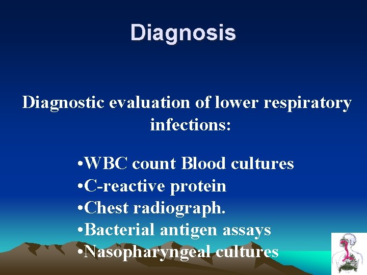 Diagnosis Diagnostic evaluation of lower respiratory infections: • WBC count Blood cultures • C-reactive Diagnosis Diagnostic evaluation of lower respiratory infections: • WBC count Blood cultures • C-reactive