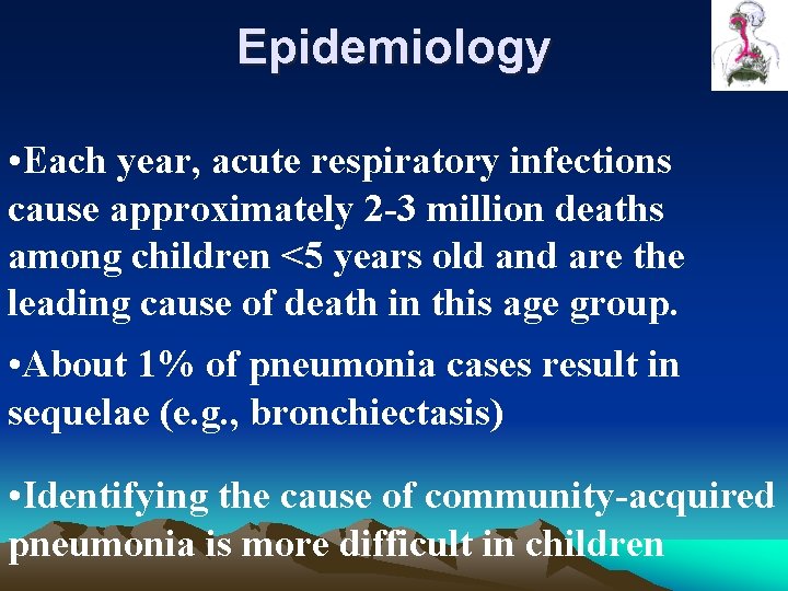 Epidemiology • Each year, acute respiratory infections cause approximately 2 -3 million deaths among Epidemiology • Each year, acute respiratory infections cause approximately 2 -3 million deaths among