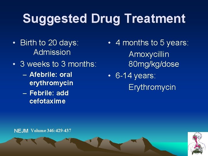 Suggested Drug Treatment • Birth to 20 days: Admission • 3 weeks to 3 Suggested Drug Treatment • Birth to 20 days: Admission • 3 weeks to 3