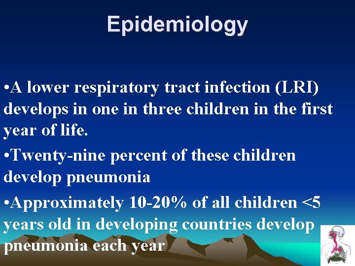 Epidemiology • A lower respiratory tract infection (LRI) develops in one in three children Epidemiology • A lower respiratory tract infection (LRI) develops in one in three children