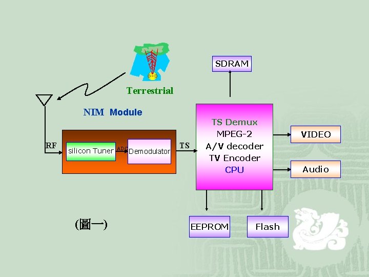 SDRAM Terrestrial NIM Module RF silicon Tuner (圖一) ADC Demodulator TS TS Demux MPEG-2