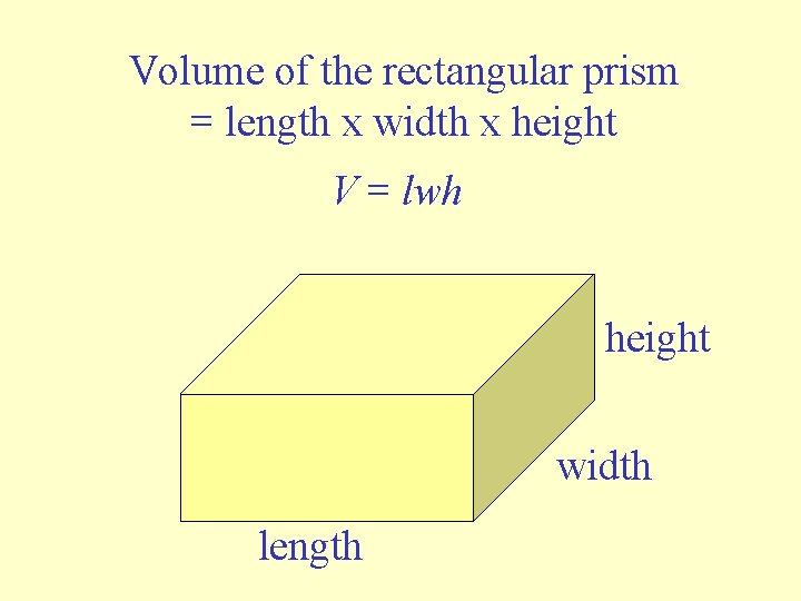 Volume of the rectangular prism = length x width x height V = lwh