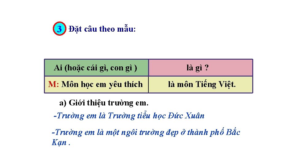 3 Đặt câu theo mẫu: Ai (hoặc cái gì, con gì ) M: Môn