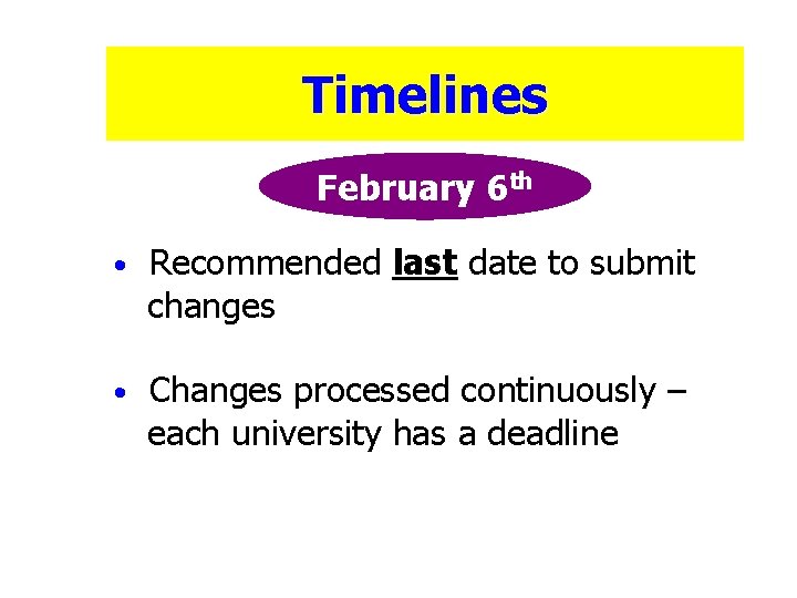 Timelines February 6 th • Recommended last date to submit changes • Changes processed