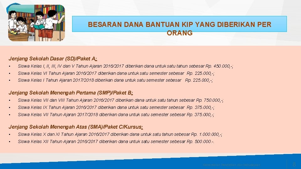 BESARAN DANA BANTUAN KIP YANG DIBERIKAN PER ORANG Jenjang Sekolah Dasar (SD)/Paket A: •