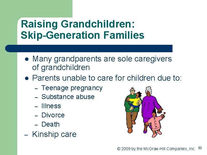 Raising Grandchildren: Skip-Generation Families l l Many grandparents are sole caregivers of grandchildren Parents