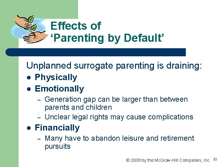 Effects of ‘Parenting by Default’ Unplanned surrogate parenting is draining: l l Physically Emotionally