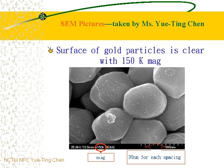 SEM Pictures—taken by Ms. Yue-Ting Chen Surface of gold particles is clear with 150