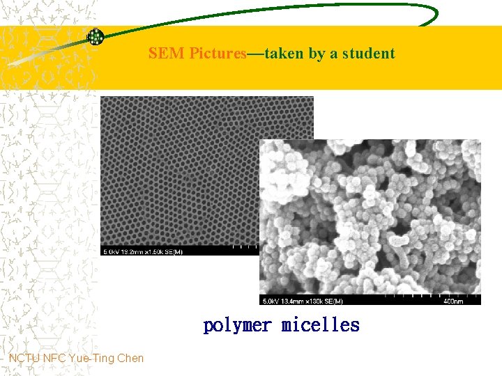 SEM Pictures—taken by a student polymer micelles NCTU NFC Yue-Ting Chen 