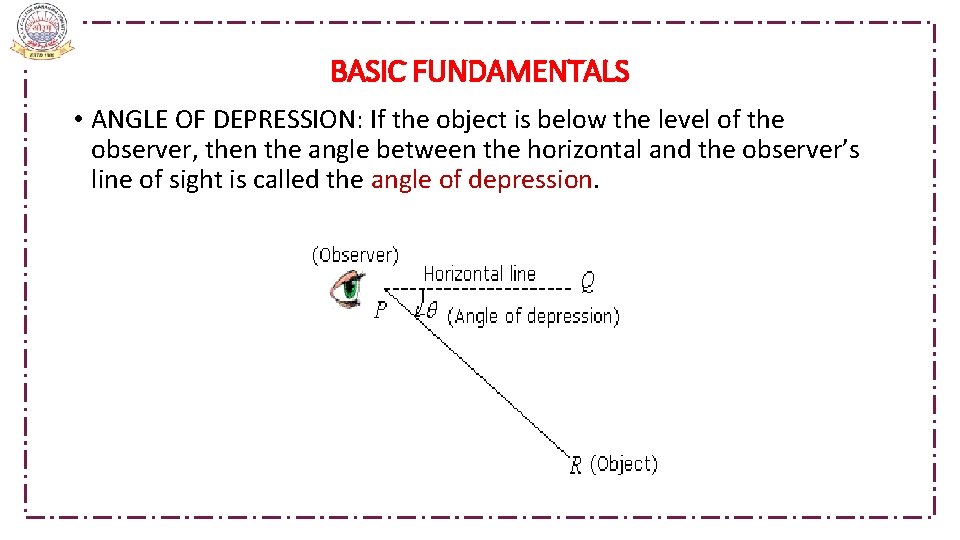  BASIC FUNDAMENTALS • ANGLE OF DEPRESSION: If the object is below the level