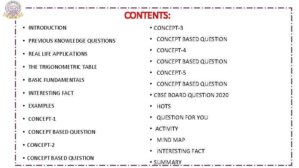  CONTENTS: • INTRODUCTION • CONCEPT-3 • PREVIOUS KNOWLEDGE QUESTIONS • CONCEPT BASED QUESTION
