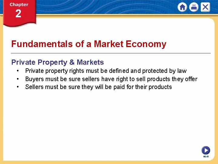 Fundamentals of a Market Economy Private Property & Markets • Private property rights must