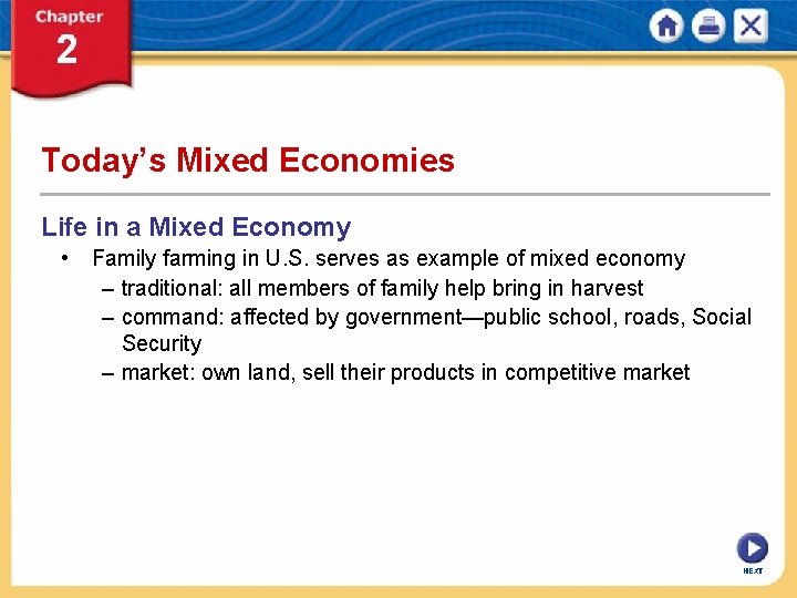 Today’s Mixed Economies Life in a Mixed Economy • Family farming in U. S.