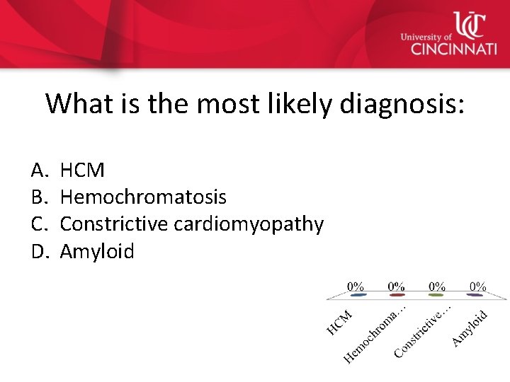 What is the most likely diagnosis: A. B. C. D. HCM Hemochromatosis Constrictive cardiomyopathy