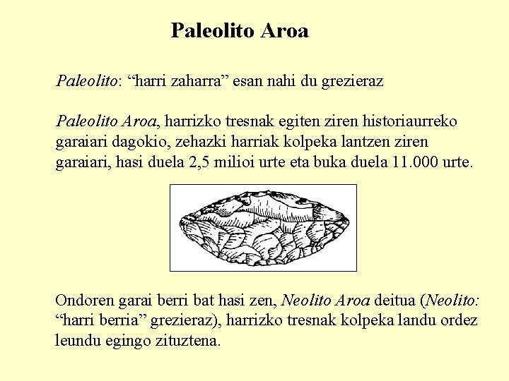 Paleolito Aroa Paleolito: “harri zaharra” esan nahi du grezieraz Paleolito Aroa, harrizko tresnak egiten