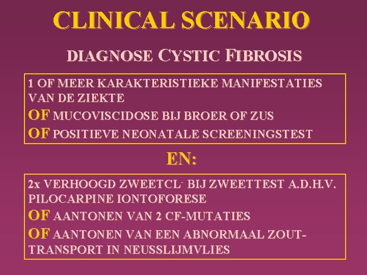 CLINICAL SCENARIO DIAGNOSE CYSTIC FIBROSIS 1 OF MEER KARAKTERISTIEKE MANIFESTATIES VAN DE ZIEKTE OF