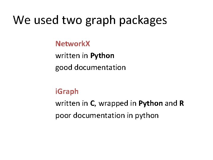 We used two graph packages Network. X written in Python good documentation i. Graph