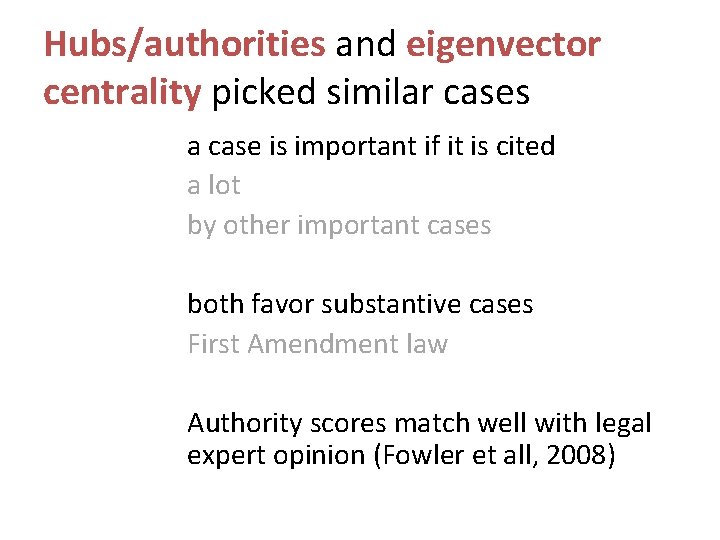 Hubs/authorities and eigenvector centrality picked similar cases a case is important if it is