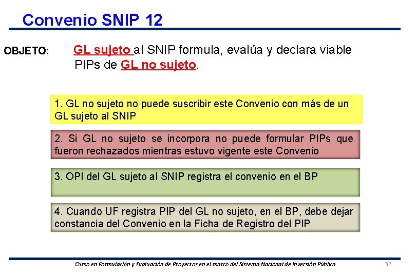 Convenio SNIP 12 OBJETO: GL sujeto al SNIP formula, evalúa y declara viable PIPs