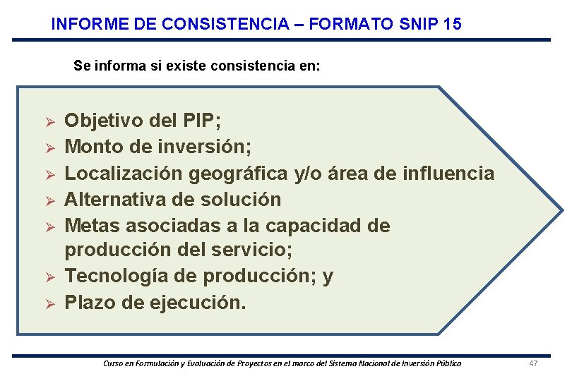 INFORME DE CONSISTENCIA – FORMATO SNIP 15 Se informa si existe consistencia en: Ø