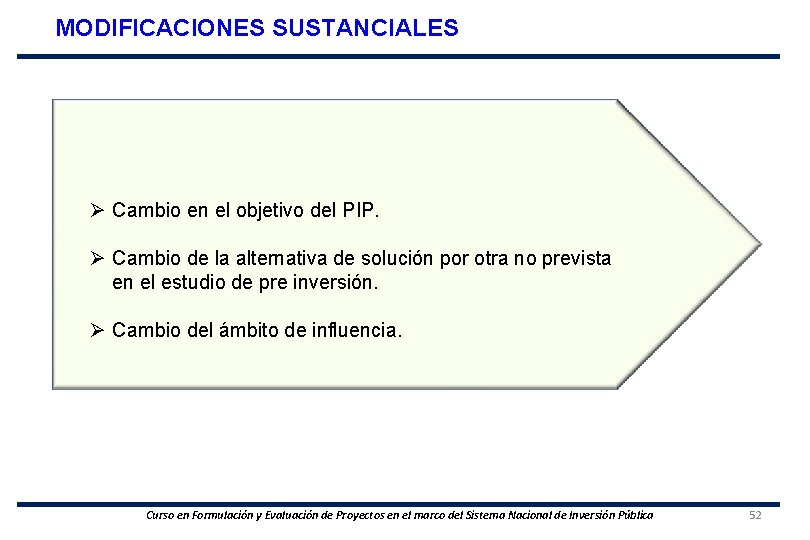 MODIFICACIONES SUSTANCIALES Ø Cambio en el objetivo del PIP. Ø Cambio de la alternativa