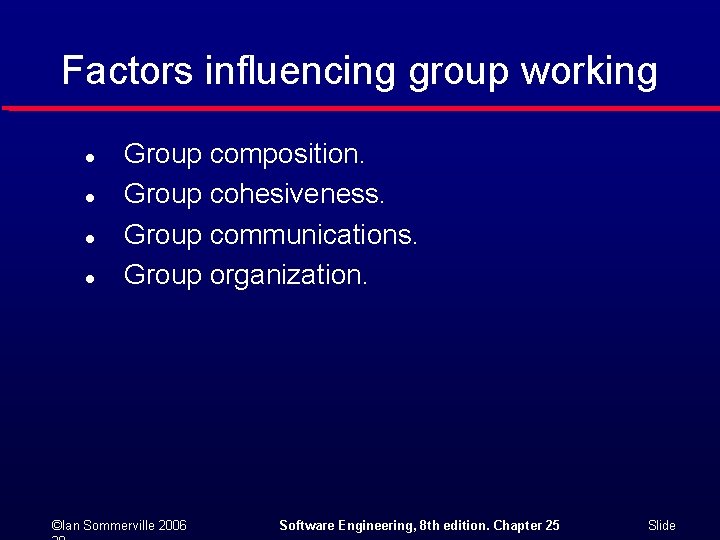 Factors influencing group working l l Group composition. Group cohesiveness. Group communications. Group organization.