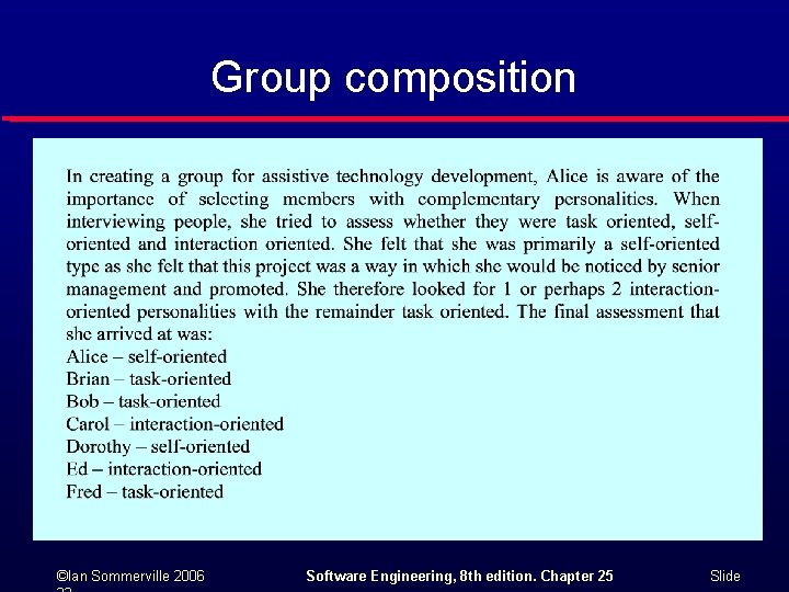Group composition ©Ian Sommerville 2006 Software Engineering, 8 th edition. Chapter 25 Slide 