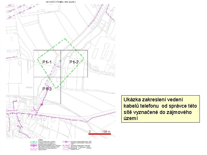 Ukázka zakreslení vedení kabelů telefonu od správce této sítě vyznačené do zájmového území 