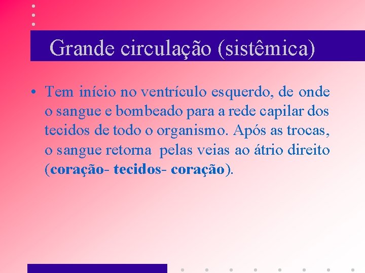 Grande circulação (sistêmica) • Tem início no ventrículo esquerdo, de onde o sangue e