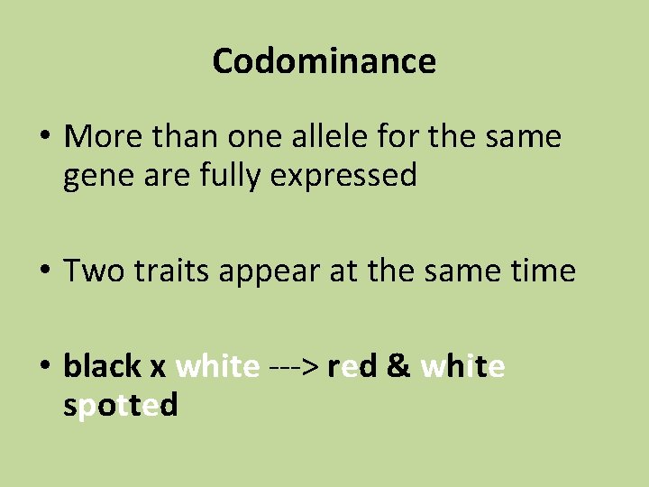 Codominance • More than one allele for the same gene are fully expressed •