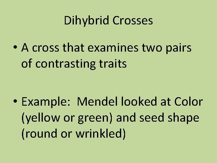 Dihybrid Crosses • A cross that examines two pairs of contrasting traits • Example: