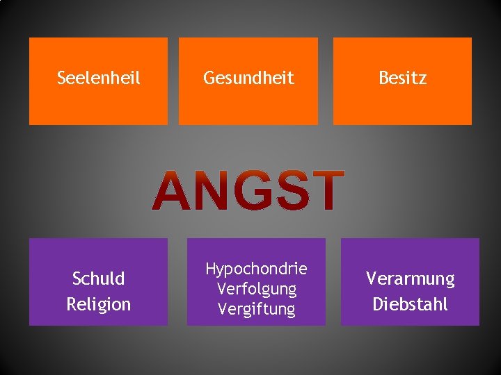 Seelenheil Schuld Religion Gesundheit Hypochondrie Verfolgung Vergiftung Besitz Verarmung Diebstahl 