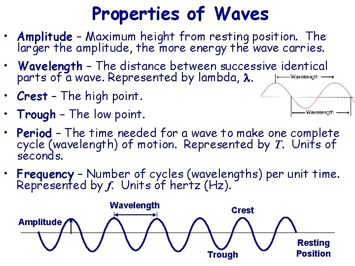 Properties of Waves • Amplitude – Maximum height from resting position. The larger the