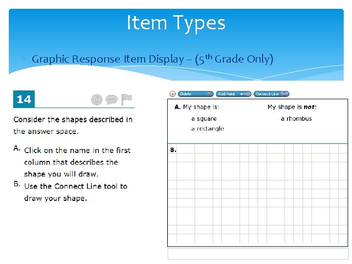 Item Types Graphic Response Item Display – (5 th Grade Only) 