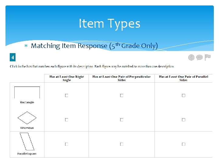 Item Types Matching Item Response (5 th Grade Only) 
