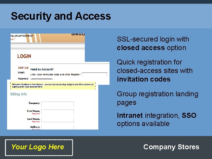 Security and Access SSL-secured login with closed access option Quick registration for closed-access sites